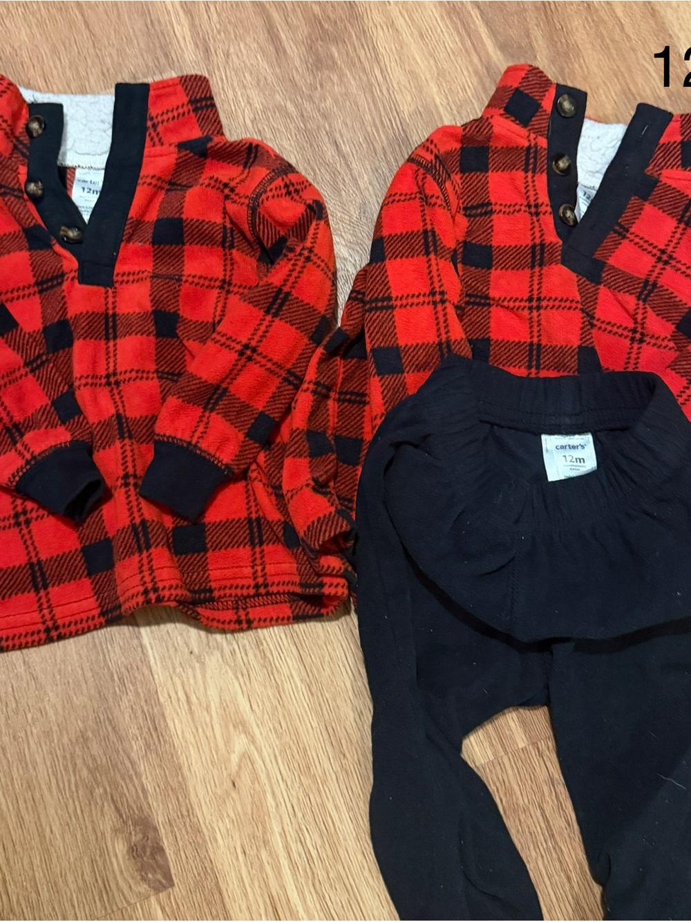 Carter's Red & Black Buffalo Plaid Sherpa-Lined Matching Tops with Black Bottoms